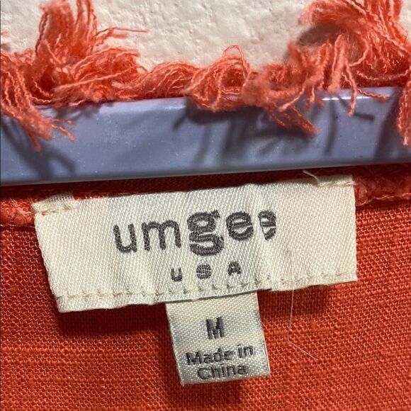 Umgee USA Linen Blend Tie Front Top Medium Orange Fringe Hem Boho Casual Blouse - Picture 2 of 10
